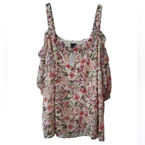NWT Lane Bryant Size 20 Peek Cold Shoulder Ruffle Floral Top Adjustable …